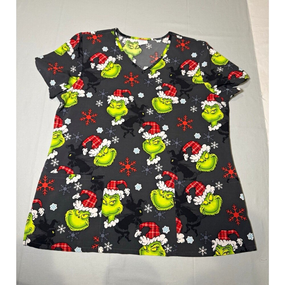 Dr. Seuss Women’s L V-Neck Grinch Scrub Top Gray/Black Pockets Stretch